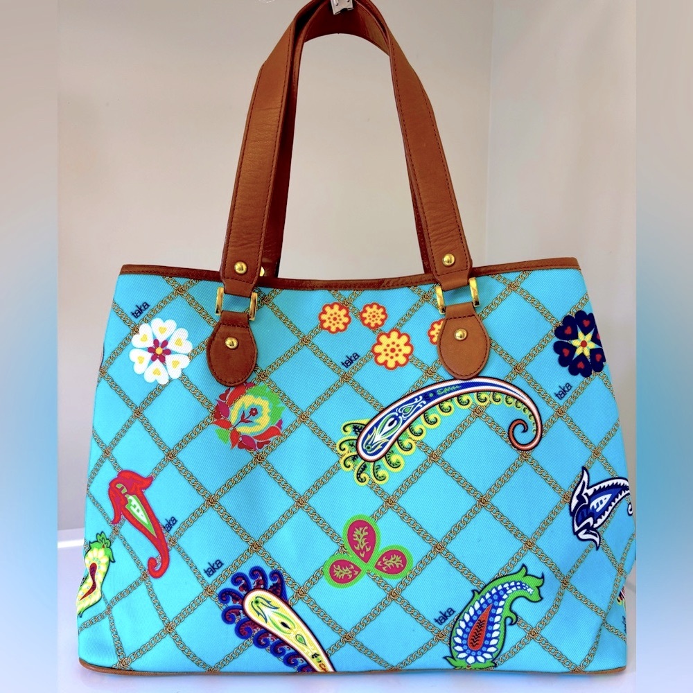 NEW Tote Shoulder Bag Leather Handle Turquoise Blue Green Paisley Design